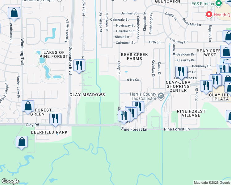 map of restaurants, bars, coffee shops, grocery stores, and more near 4315 Stacy Road in Houston