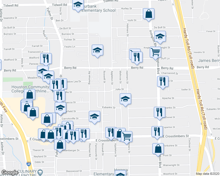 map of restaurants, bars, coffee shops, grocery stores, and more near 8105 Appleton Street in Houston