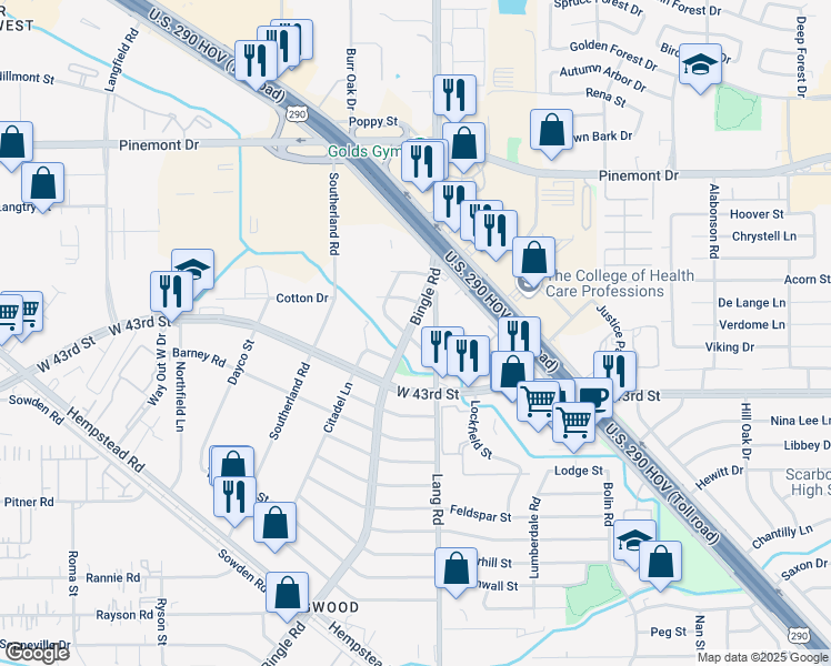 map of restaurants, bars, coffee shops, grocery stores, and more near 6618 Malibu Drive in Houston