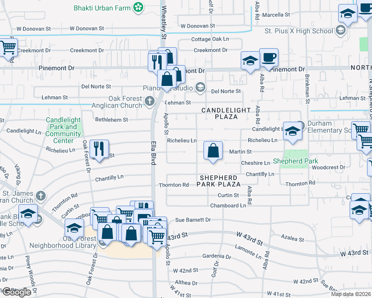 map of restaurants, bars, coffee shops, grocery stores, and more near 1104 Martin Street in Houston