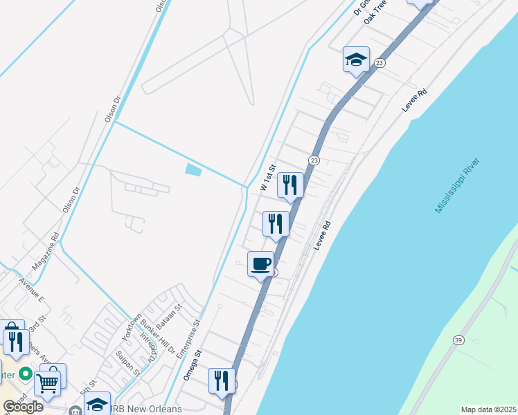 map of restaurants, bars, coffee shops, grocery stores, and more near 1607 West 1st Street in Belle Chasse