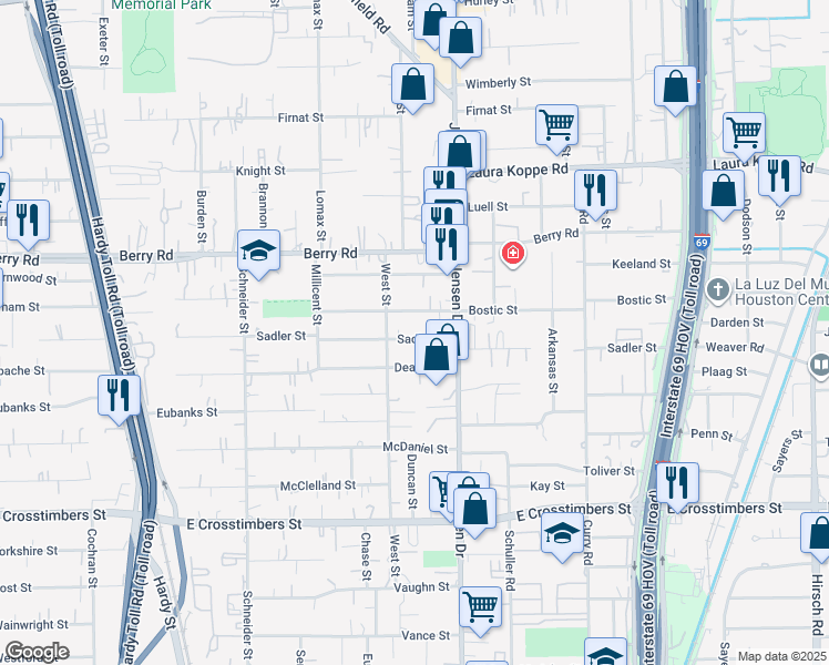 map of restaurants, bars, coffee shops, grocery stores, and more near 2627 Sadler Street in Houston