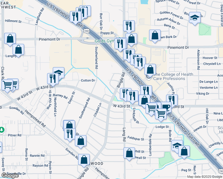 map of restaurants, bars, coffee shops, grocery stores, and more near 6618 Malibu Drive in Houston