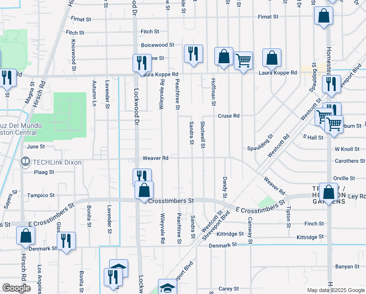 map of restaurants, bars, coffee shops, grocery stores, and more near 8202 Peachtree Street in Houston