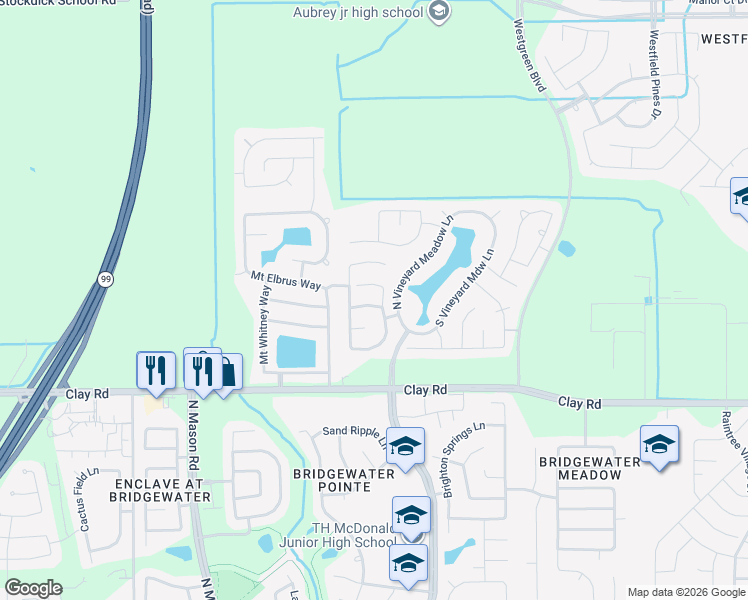 map of restaurants, bars, coffee shops, grocery stores, and more near 21406 Rioja Bluff Lane in Katy