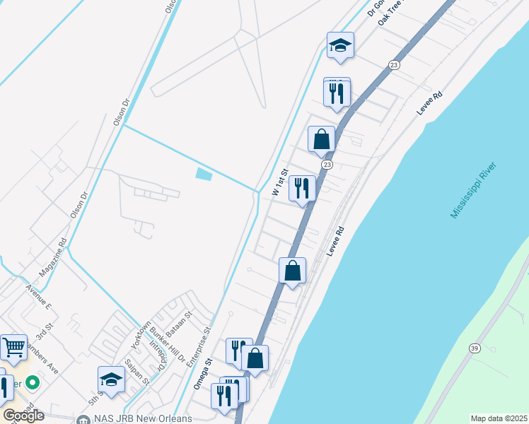 map of restaurants, bars, coffee shops, grocery stores, and more near 1607 West 1st Street in Belle Chasse