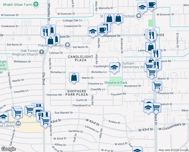 map of restaurants, bars, coffee shops, grocery stores, and more near 1024 Martin Street in Houston