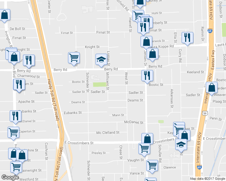 map of restaurants, bars, coffee shops, grocery stores, and more near 2501 Sadler Street in Houston