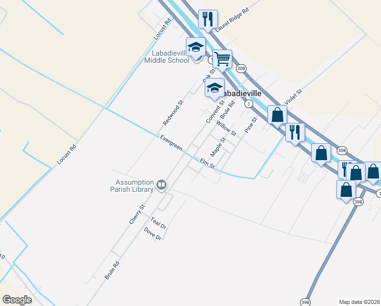 map of restaurants, bars, coffee shops, grocery stores, and more near 306 Brule Road in Labadieville