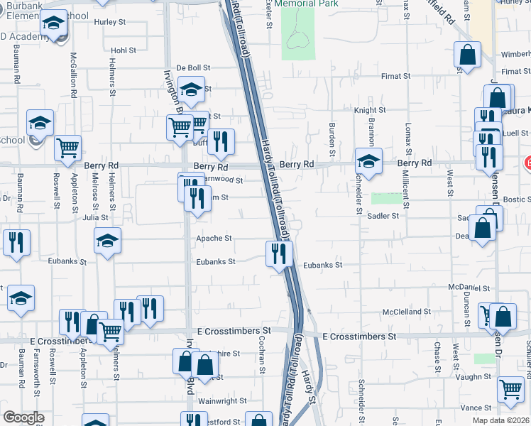 map of restaurants, bars, coffee shops, grocery stores, and more near 1327 Sadler Street in Houston