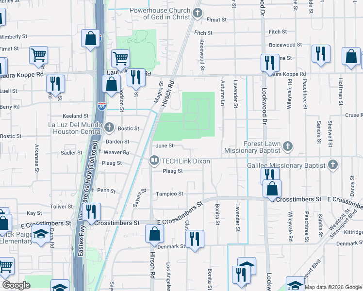 map of restaurants, bars, coffee shops, grocery stores, and more near 4350 June Street in Houston