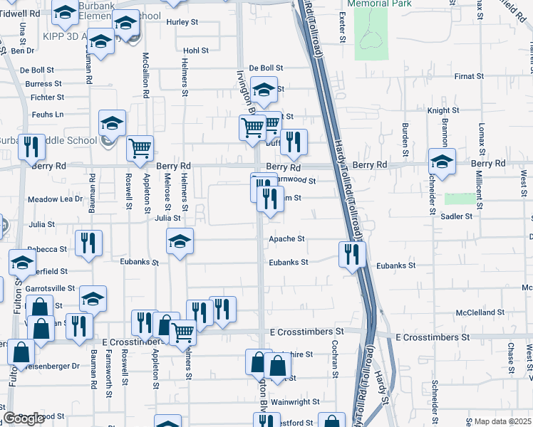 map of restaurants, bars, coffee shops, grocery stores, and more near 8102 Irvington Boulevard in Houston