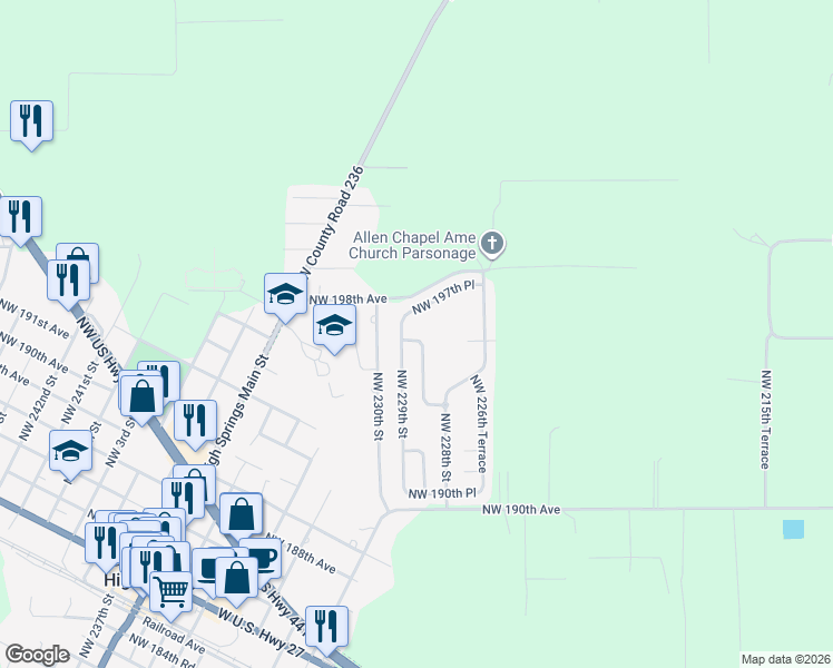map of restaurants, bars, coffee shops, grocery stores, and more near 22886 Northwest 196th Road in High Springs