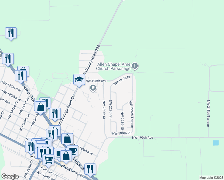map of restaurants, bars, coffee shops, grocery stores, and more near 22886 Northwest 196th Road in High Springs