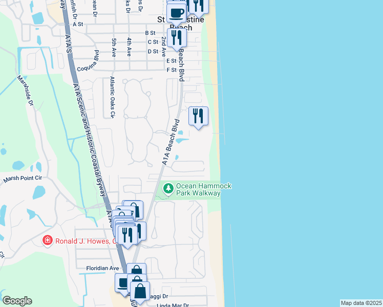 map of restaurants, bars, coffee shops, grocery stores, and more near 880 A1A Beach Boulevard in St. Augustine Beach