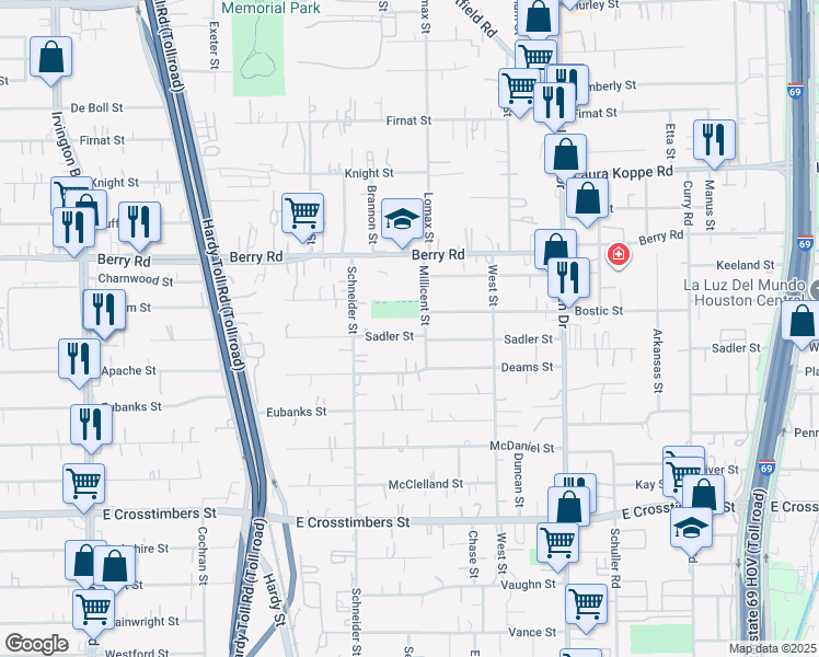 map of restaurants, bars, coffee shops, grocery stores, and more near 2013 Sadler Street in Houston