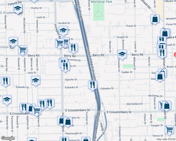 map of restaurants, bars, coffee shops, grocery stores, and more near 1327 Sadler Street in Houston