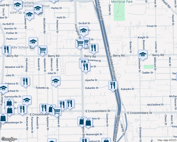 map of restaurants, bars, coffee shops, grocery stores, and more near 8102 Irvington Boulevard in Houston