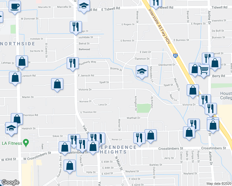 map of restaurants, bars, coffee shops, grocery stores, and more near 300 Victoria Drive in Houston