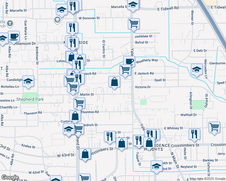 map of restaurants, bars, coffee shops, grocery stores, and more near 418 Martin Street in Houston