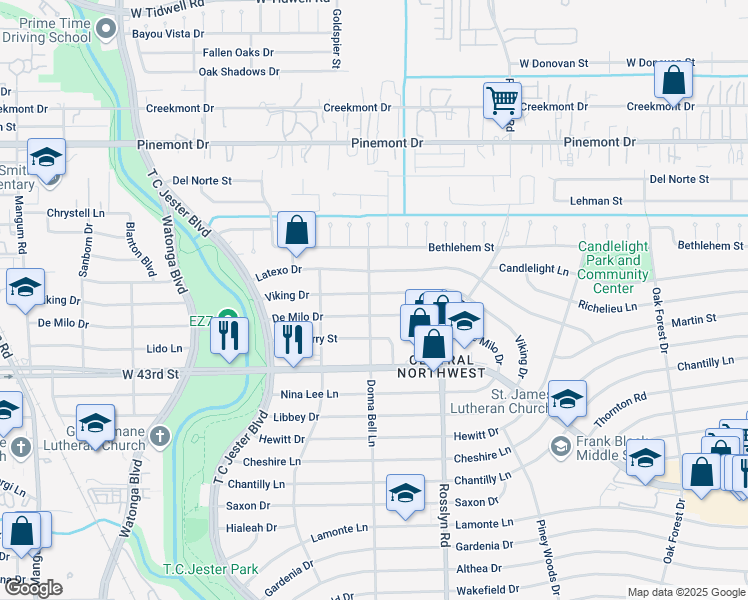 map of restaurants, bars, coffee shops, grocery stores, and more near 2002 De Milo Drive in Houston
