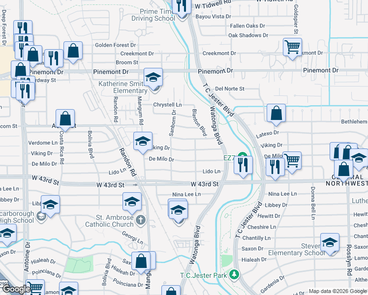map of restaurants, bars, coffee shops, grocery stores, and more near 4503 Viking Drive in Houston