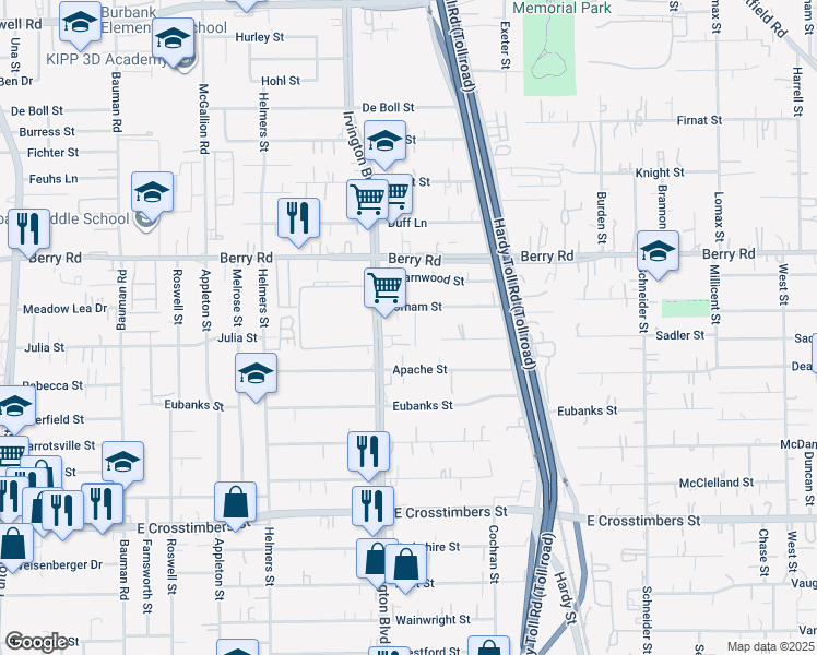 map of restaurants, bars, coffee shops, grocery stores, and more near 8102 Irvington Boulevard in Houston