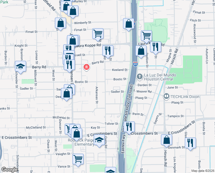 map of restaurants, bars, coffee shops, grocery stores, and more near 3223 Sadler Street in Houston