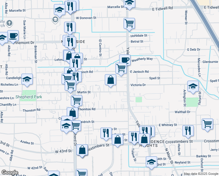 map of restaurants, bars, coffee shops, grocery stores, and more near 418 Martin Street in Houston
