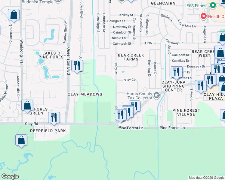 map of restaurants, bars, coffee shops, grocery stores, and more near 4315 Stacy Road in Houston