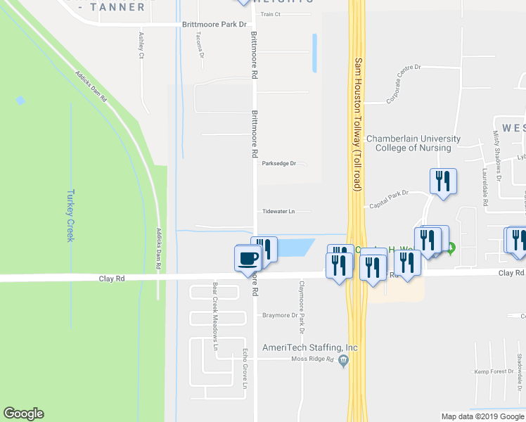 map of restaurants, bars, coffee shops, grocery stores, and more near 2943 Tidewater Lane in Houston