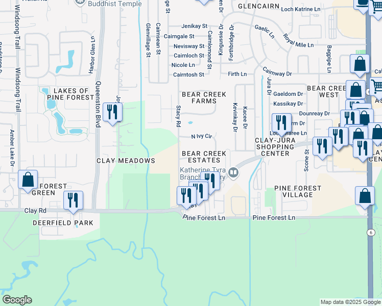 map of restaurants, bars, coffee shops, grocery stores, and more near 17150 South Ivy Circle in Houston