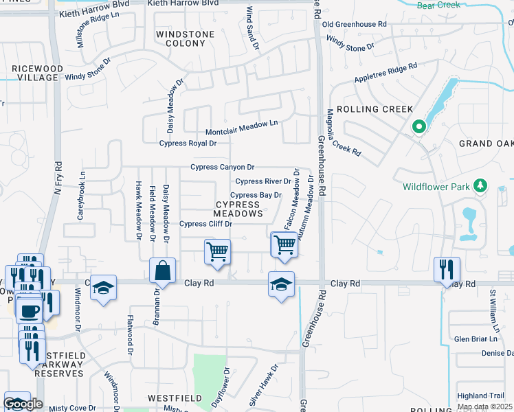 map of restaurants, bars, coffee shops, grocery stores, and more near 19211 Cypress Harbor Drive in Katy