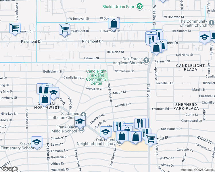 map of restaurants, bars, coffee shops, grocery stores, and more near 1411 Richelieu Lane in Houston