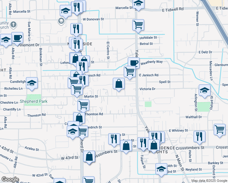map of restaurants, bars, coffee shops, grocery stores, and more near 418 Martin St in Houston