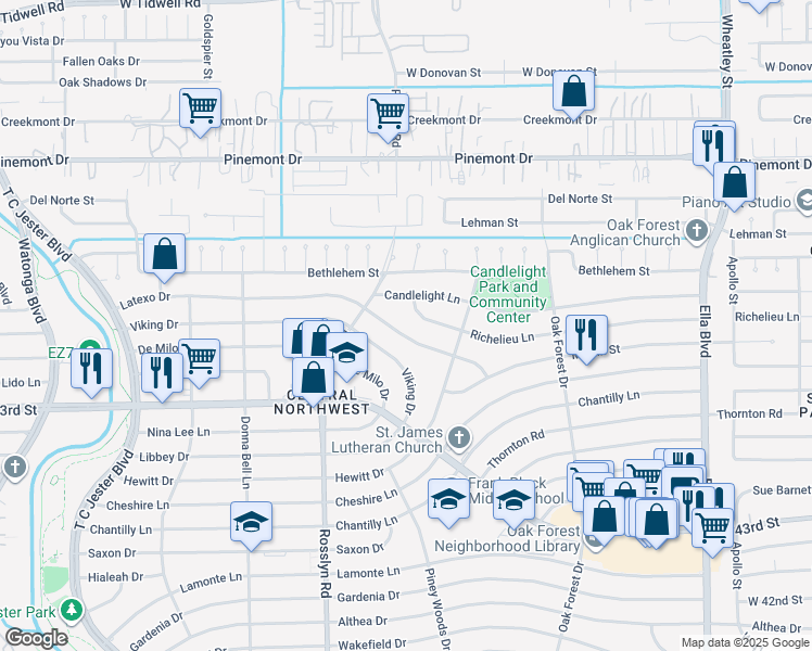 map of restaurants, bars, coffee shops, grocery stores, and more near 1711 Latexo Drive in Houston