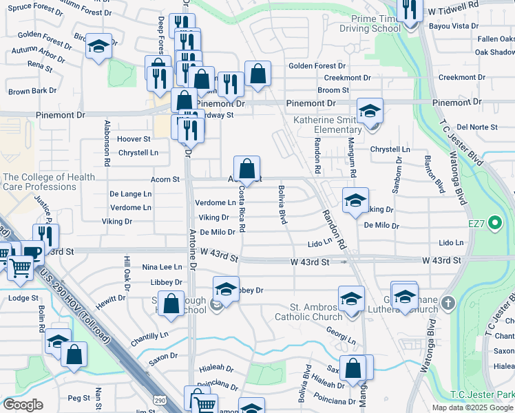 map of restaurants, bars, coffee shops, grocery stores, and more near 5210 Viking Drive in Houston