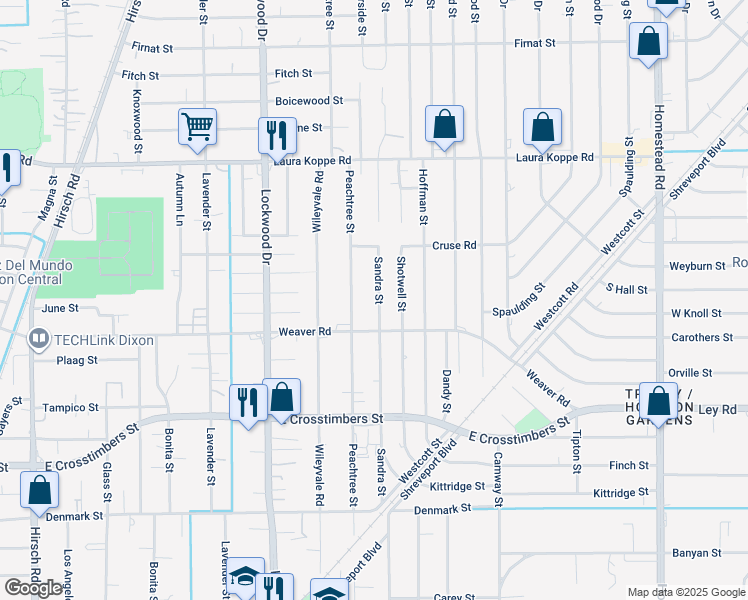 map of restaurants, bars, coffee shops, grocery stores, and more near 8202 Peachtree Street in Houston
