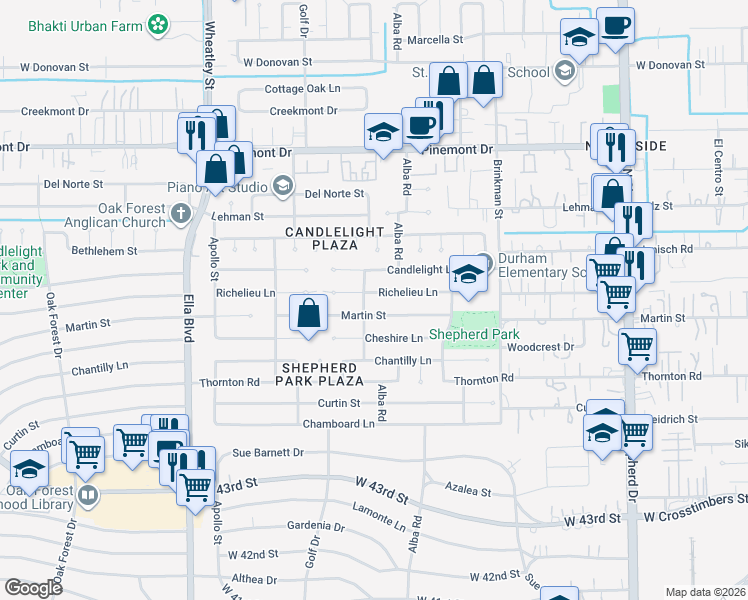 map of restaurants, bars, coffee shops, grocery stores, and more near 1024 Martin Street in Houston