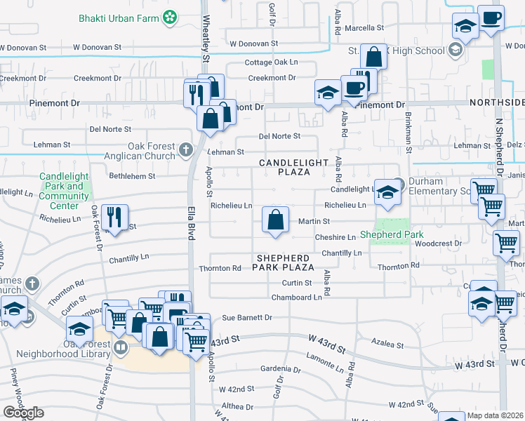 map of restaurants, bars, coffee shops, grocery stores, and more near 1064 Martin Street in Houston