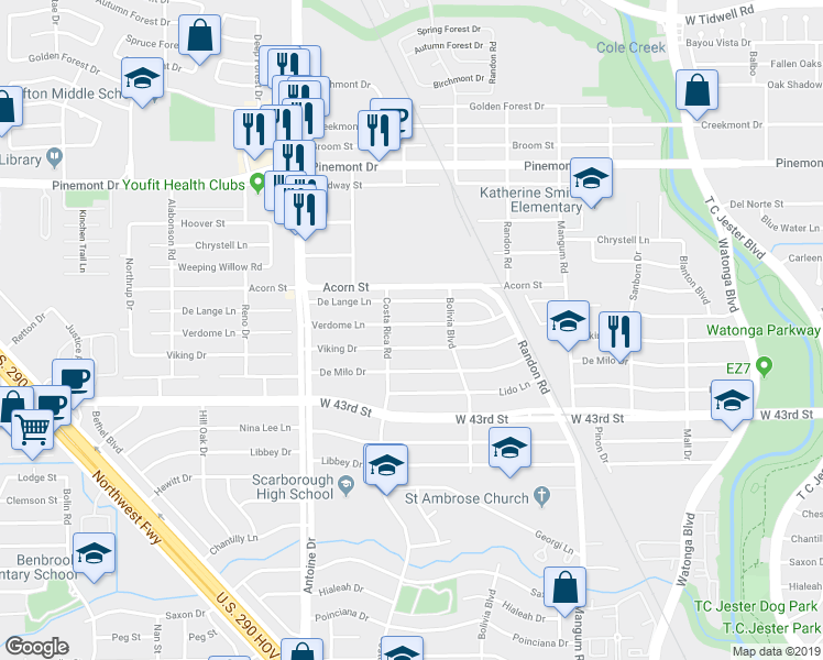 map of restaurants, bars, coffee shops, grocery stores, and more near 5210 Viking Drive in Houston