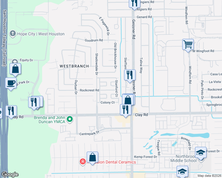 map of restaurants, bars, coffee shops, grocery stores, and more near 10265 Rockcrest Road in Houston