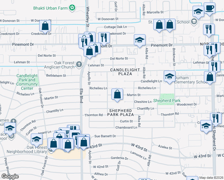 map of restaurants, bars, coffee shops, grocery stores, and more near 1064 Martin Street in Houston