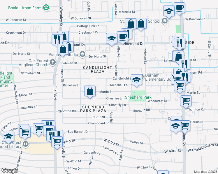 map of restaurants, bars, coffee shops, grocery stores, and more near 1024 Martin Street in Houston