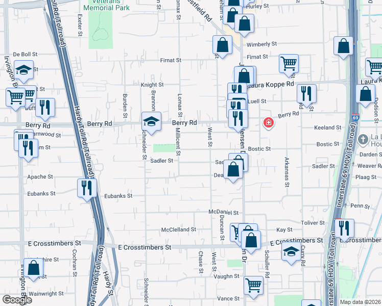 map of restaurants, bars, coffee shops, grocery stores, and more near 2501 Sadler Street in Houston