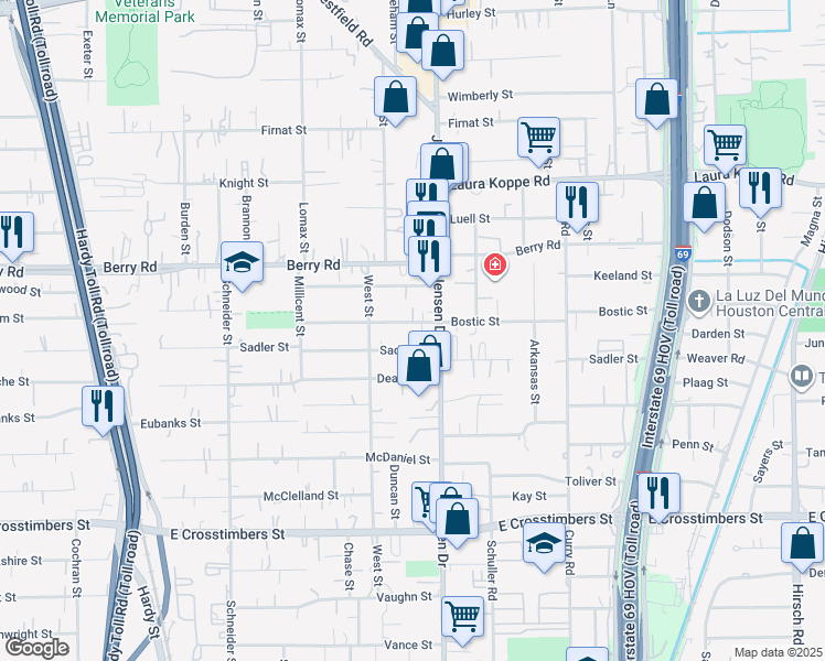 map of restaurants, bars, coffee shops, grocery stores, and more near 2627 Sadler Street in Houston