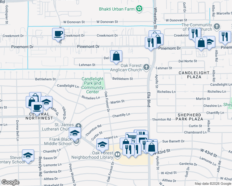 map of restaurants, bars, coffee shops, grocery stores, and more near 1337 Richelieu Lane in Houston