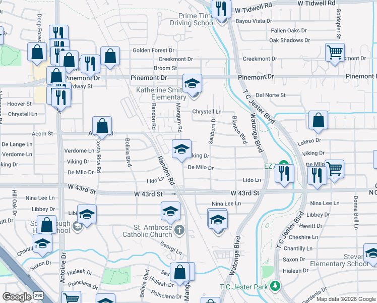 map of restaurants, bars, coffee shops, grocery stores, and more near 4805 Viking Drive in Houston
