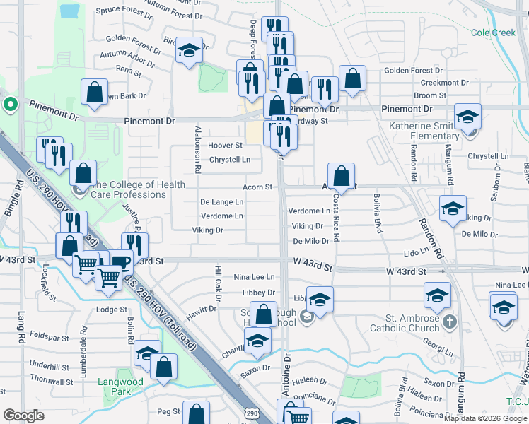 map of restaurants, bars, coffee shops, grocery stores, and more near 5507 Verdome Lane in Houston