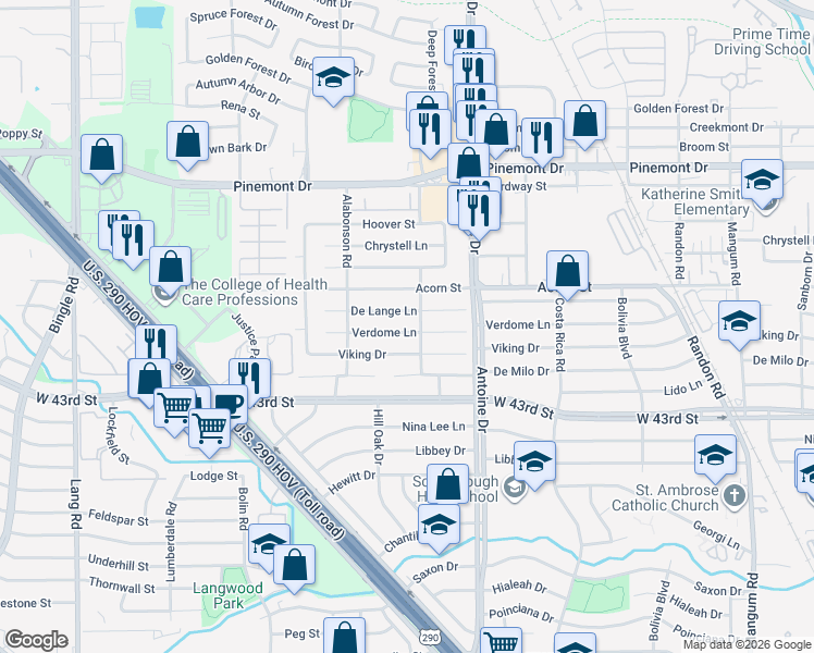 map of restaurants, bars, coffee shops, grocery stores, and more near 5803 Verdome Lane in Houston